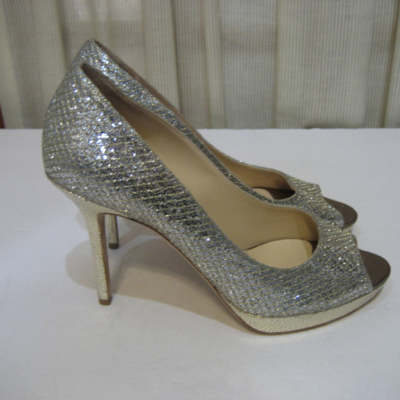 JIMMY CHOO Luna Champagne Gltter Peep Toe Size 38